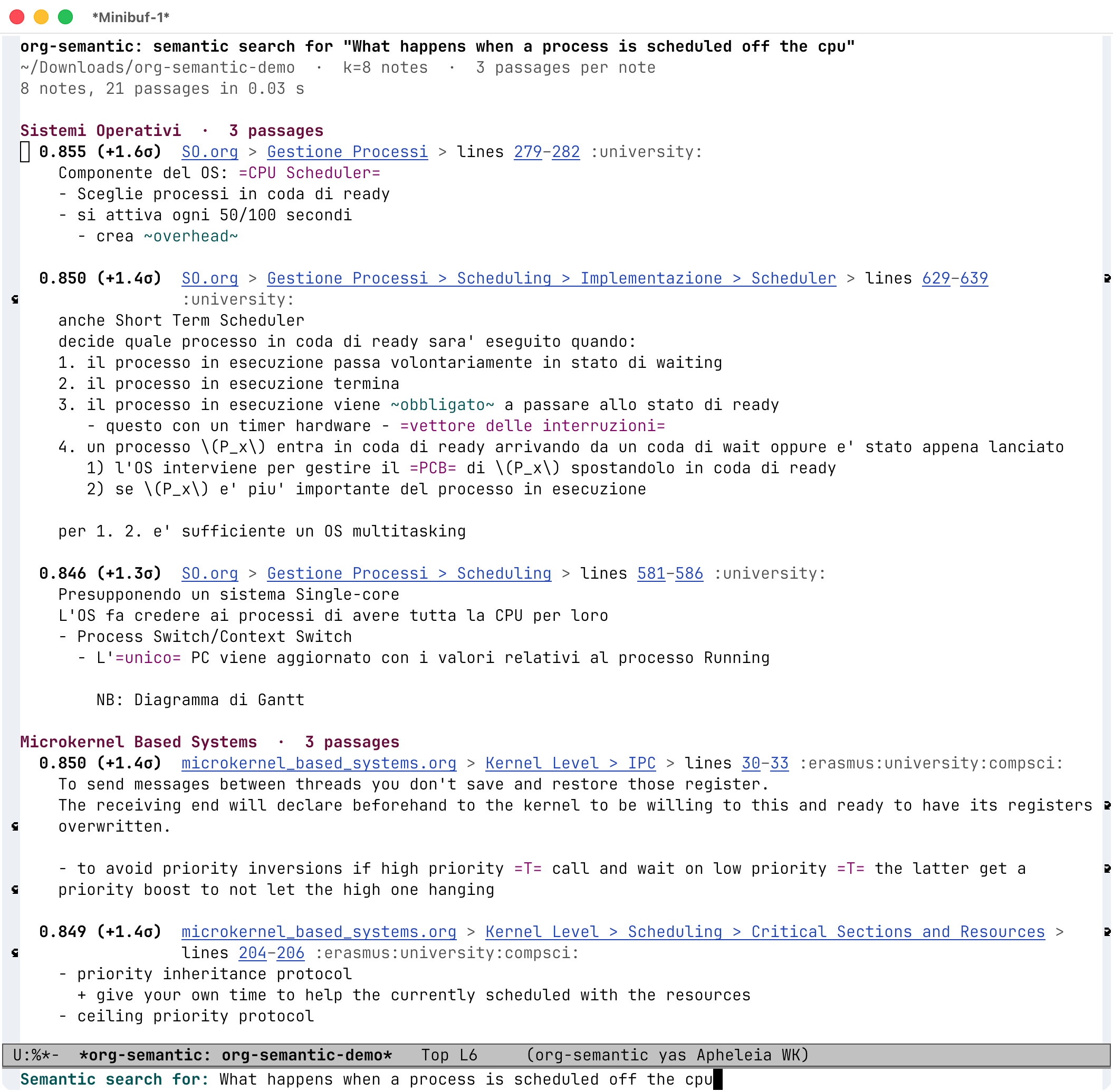 The org-semantic results buffer, showing an English question answered by Italian notes and English ones ranked together